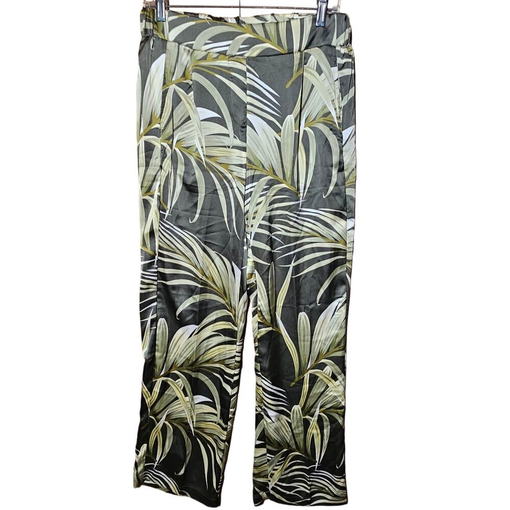 Rachel Zoe Green Tropical Wide Leg Satin Elastic Waist Pants Medium